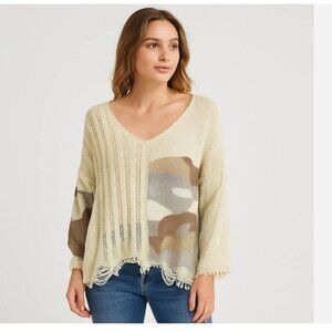 POL Oversized Cream V-Neck Sweater with Camo Panels. NWT.